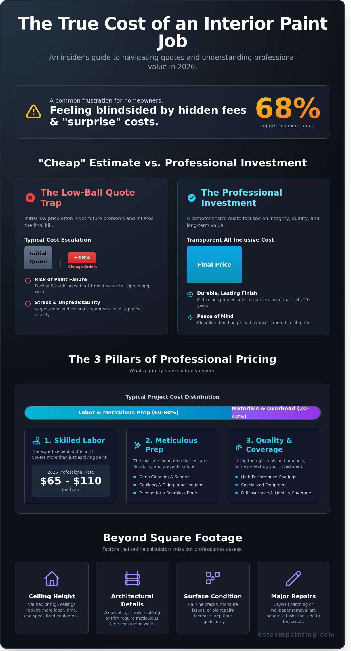 Infographic detailing the true cost of interior house painting in 2026, highlighting the difference between low-ball estimates and professional investments, and emphasizing factors like labor, meticulous preparation, and quality materials.