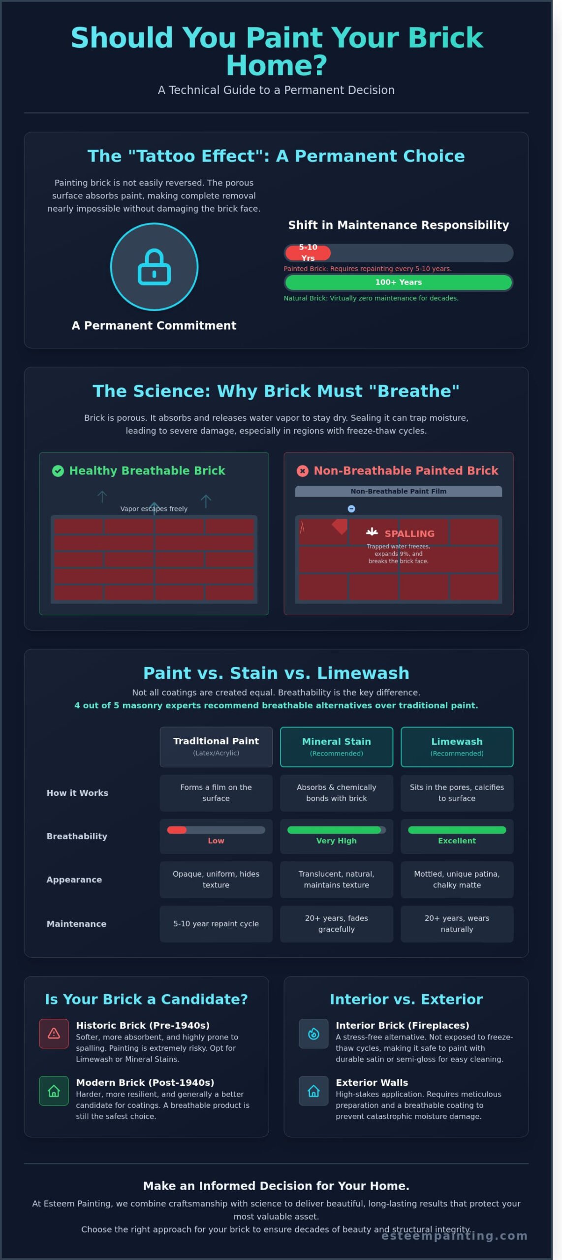 Infographic titled "Should You Paint Your Brick Home?" detailing the permanence of painting brick, risks of moisture damage, and comparisons of paint, stain, and limewash options for masonry maintenance.