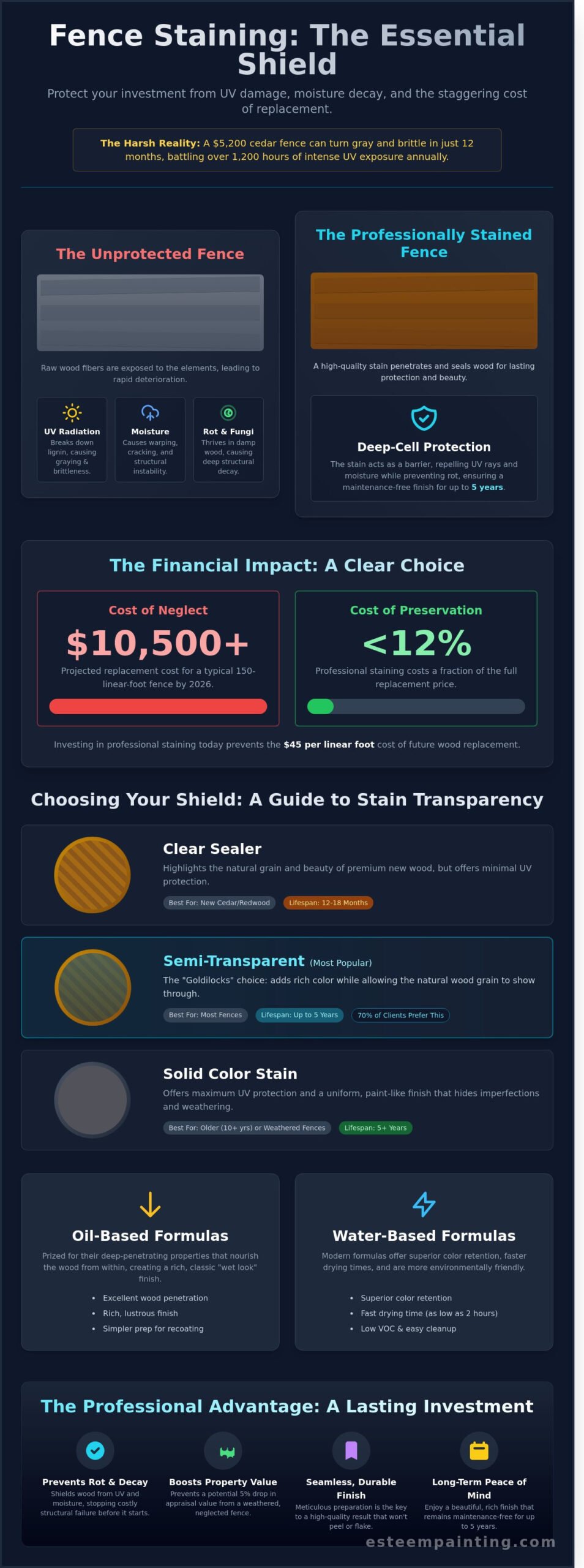 Fence staining infographic illustrating the benefits of professional staining, cost of neglect, and types of stains including oil-based and water-based formulas for homeowners seeking to protect their investment against UV damage and moisture decay.