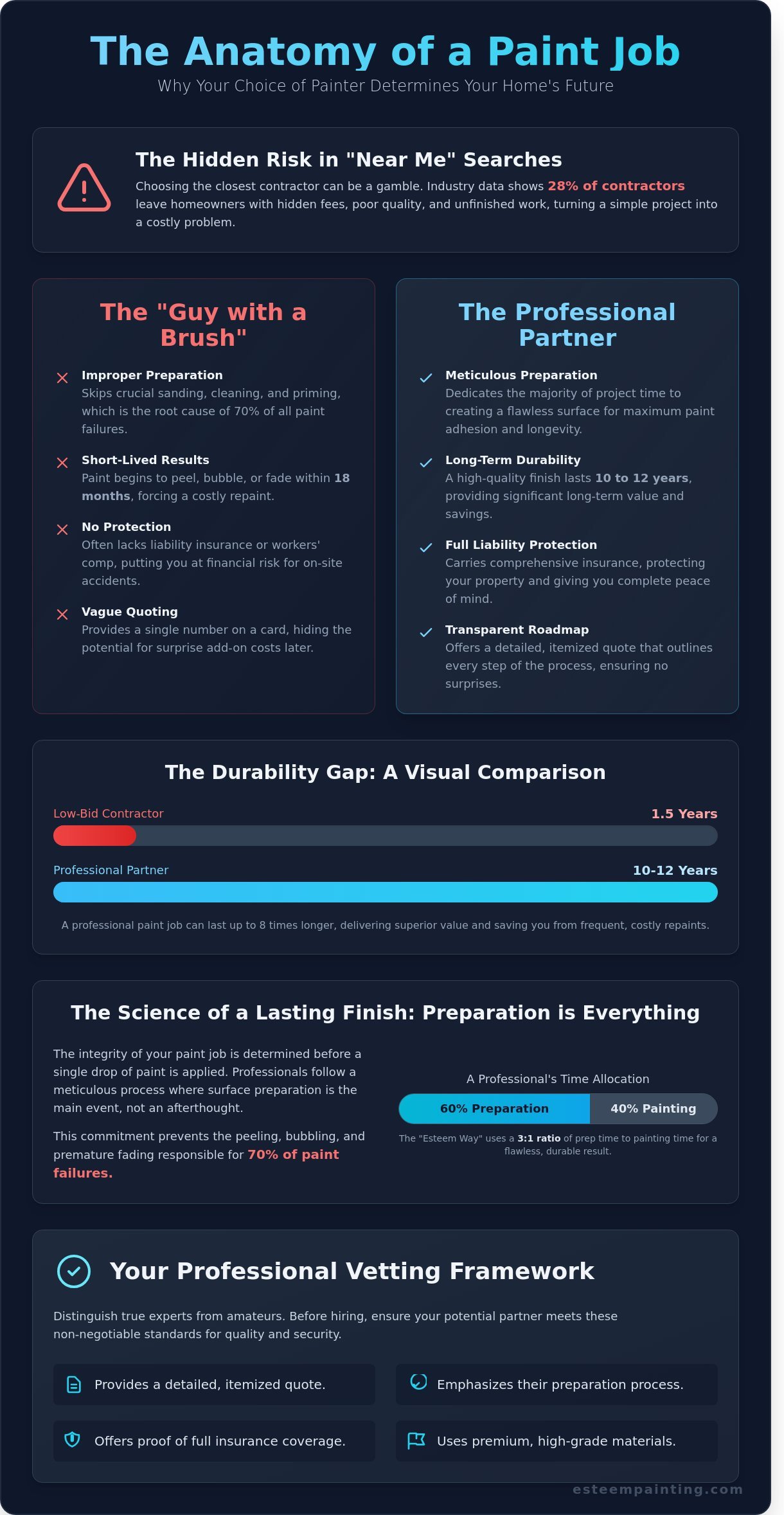 Infographic illustrating the importance of meticulous preparation in painting jobs, emphasizing long-term durability and the risks of choosing low-bid contractors.