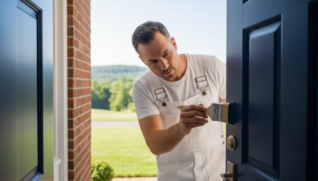 Professional painter applying a fresh coat of paint to a front door, emphasizing quality craftsmanship and home improvement.