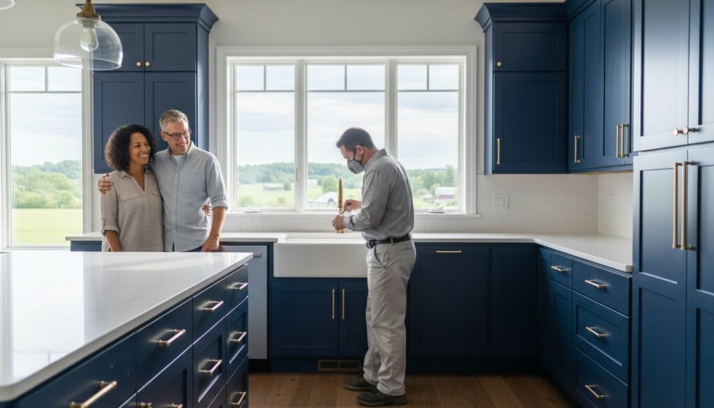 Couple admiring newly refinished kitchen cabinets with professional painter working on sink area, showcasing modern blue cabinetry and bright natural light.
