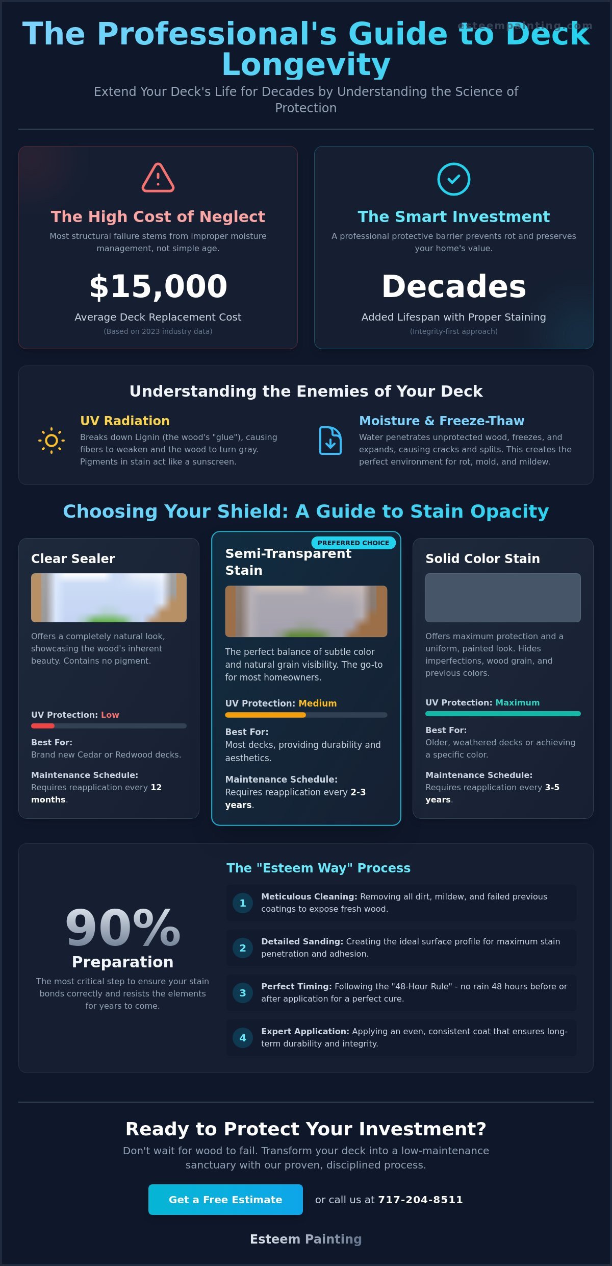Infographic titled "The Professional's Guide to Deck Longevity," illustrating deck maintenance tips, including costs of neglect, UV radiation effects, and recommended stain types for optimal protection and preservation, emphasizing the importance of preparation in the deck staining process.