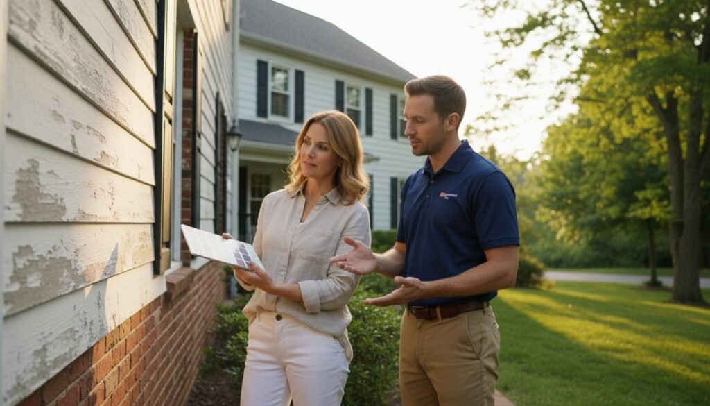 Homeowner consulting with a professional painter about exterior house painting options, discussing paint samples next to weathered siding.