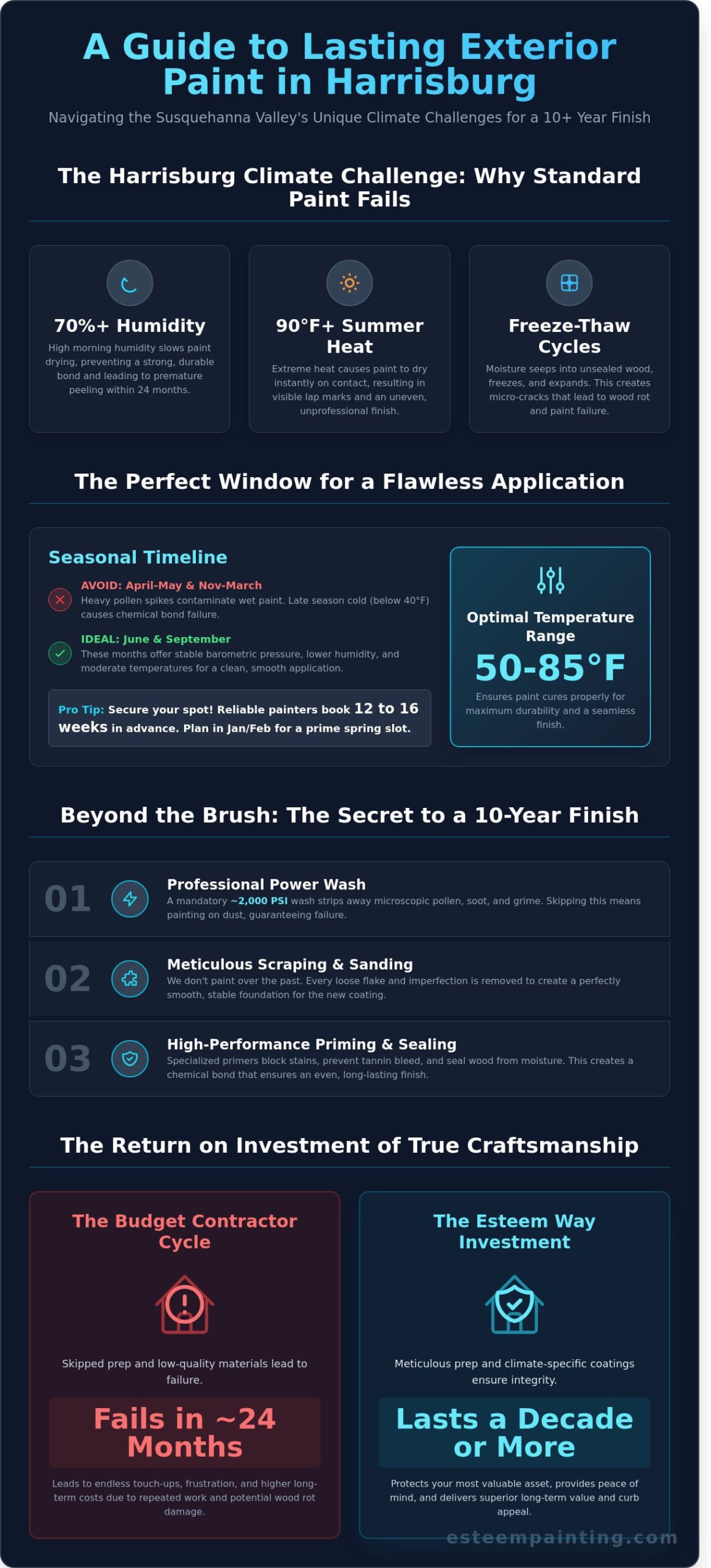 Infographic on exterior painting in Harrisburg, highlighting climate challenges, optimal application conditions, and the importance of meticulous preparation for a long-lasting finish.