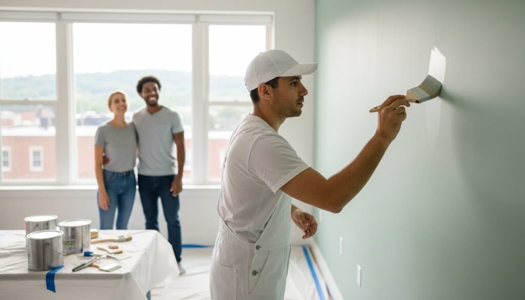 Professional painter applying fresh paint on a wall, with happy homeowners observing, surrounded by paint supplies, in a well-lit interior space.