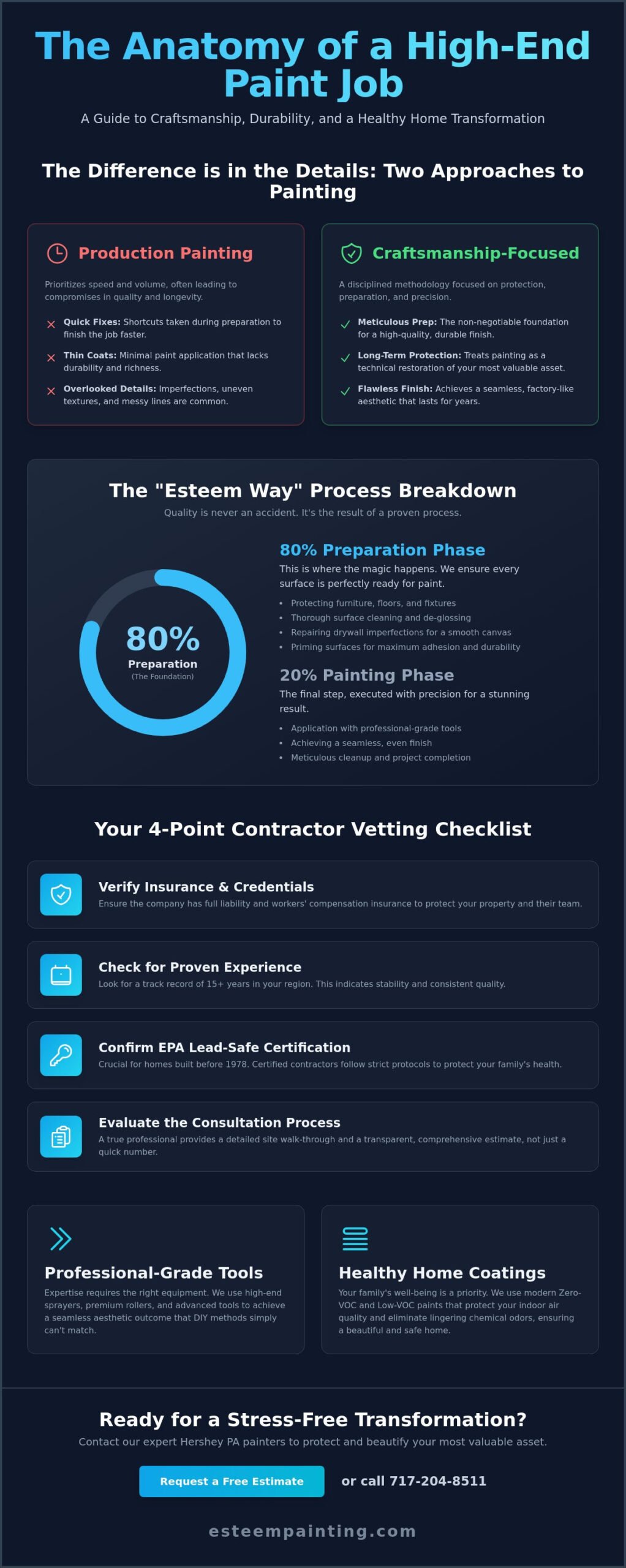 Infographic comparing production painting and craftsmanship-focused painting, highlighting the importance of meticulous preparation, quality standards, and the Esteem Painting process for homeowners in Hershey, PA.