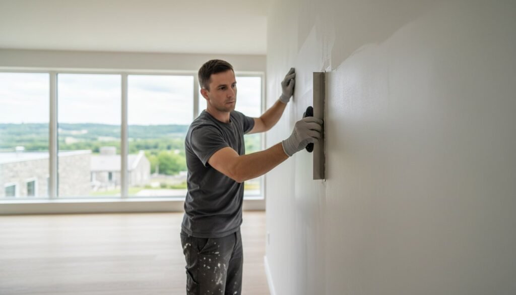 Professional painter applying drywall repair techniques to a smooth interior wall in a modern home, emphasizing the importance of surface preparation for a flawless finish.