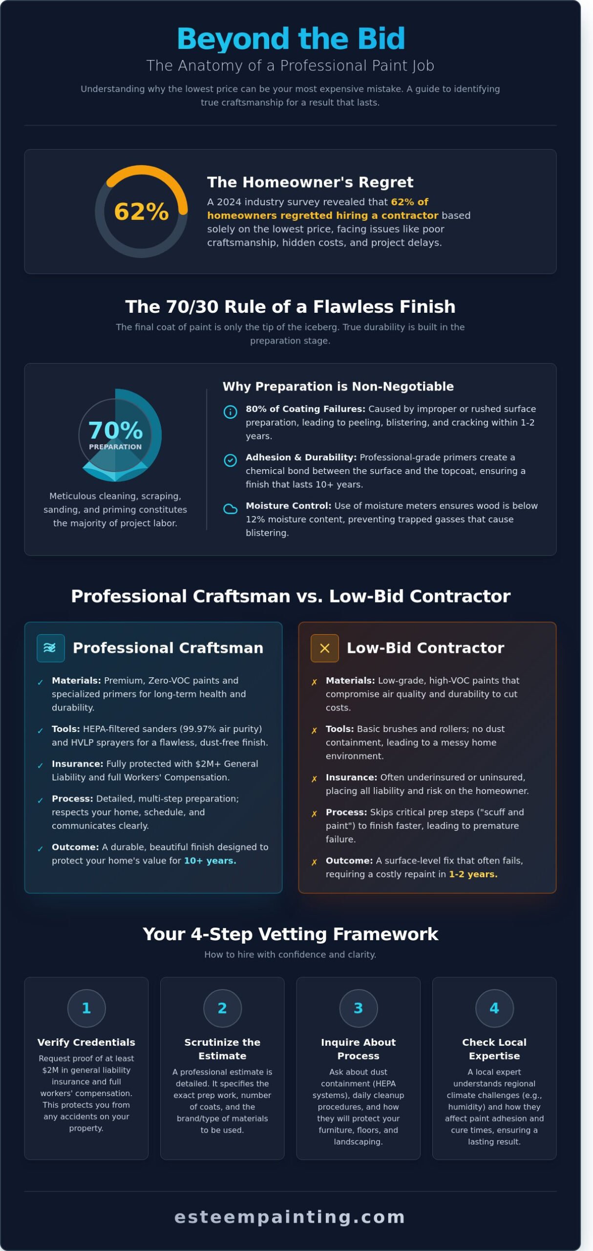 Infographic titled "Beyond the Bid" illustrating the importance of professional painting preparation, highlighting homeowner regrets, preparation statistics, and comparisons between professional craftsmen and low-bid contractors, with a focus on quality and long-term value in painting services.