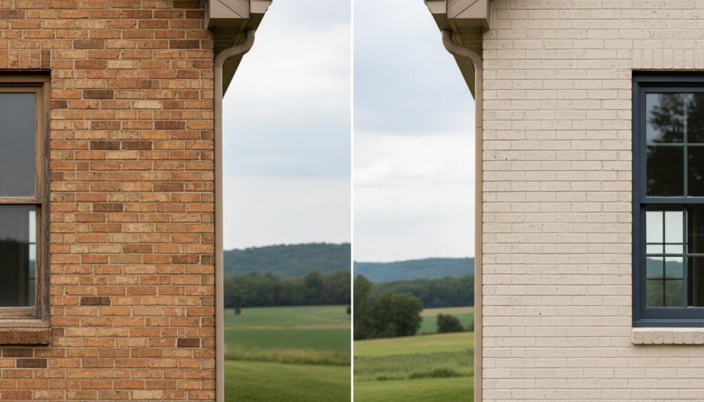 Brick wall comparison: one side unpainted traditional brick, the other side freshly painted white brick with modern window, illustrating painting options and aesthetic impact for homeowners considering brick painting.