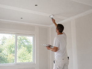 interior painting preparation in York PA with floors covered in paper and plastic protection on railings and trim