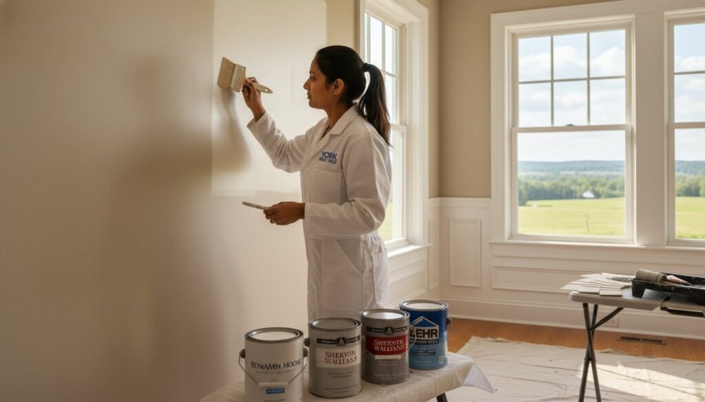 Woman painting an interior wall in a well-lit room, with paint cans from brands like Benjamin Moore and Sherwin-Williams visible, emphasizing professional painting techniques and quality.