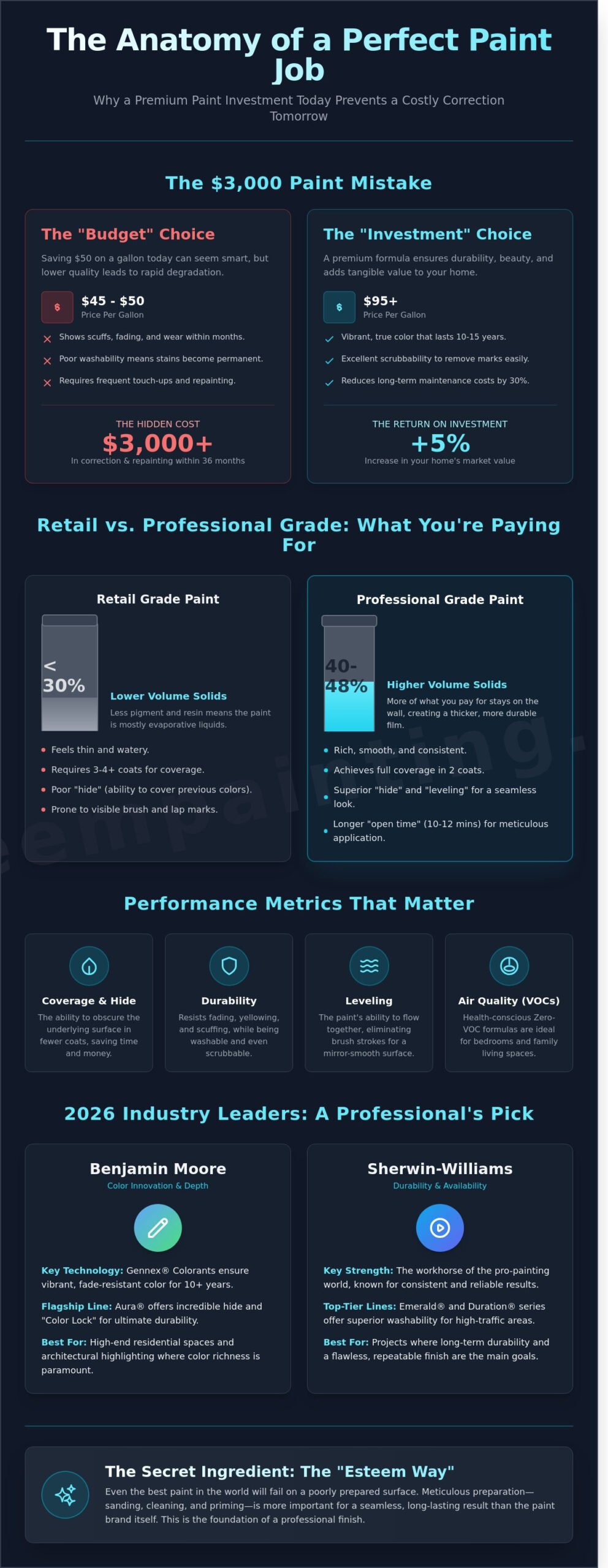 Infographic comparing budget versus investment paint choices, highlighting performance metrics, durability, and leading brands like Benjamin Moore and Sherwin-Williams for optimal interior painting in 2026.