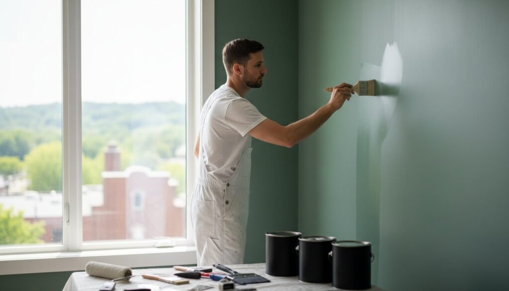 Professional painter applying paint to a green wall, with paint cans and tools on a table, illustrating quality painting techniques and home improvement.
