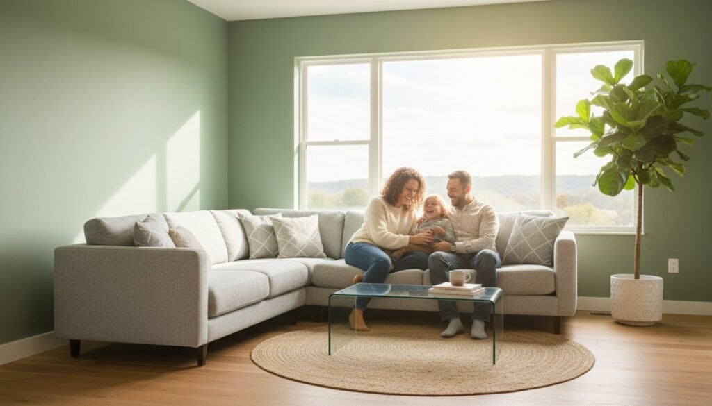 Family enjoying time together in a cozy, eco-friendly living room with green walls, modern furniture, and natural light.