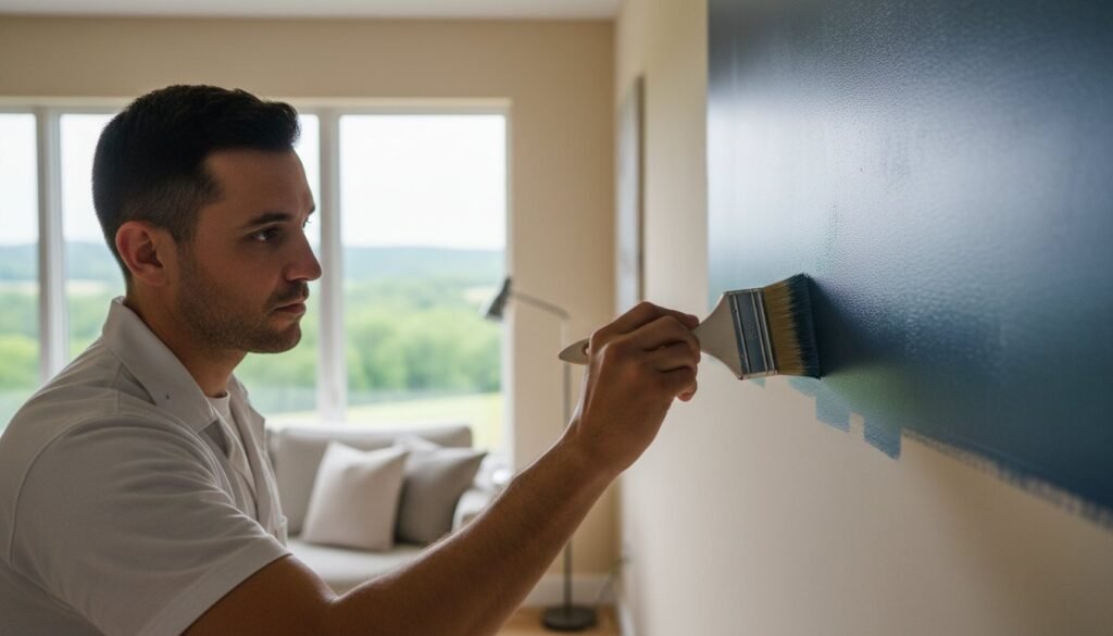 Man painting a wall with a brush in a modern interior setting, showcasing a fresh coat of blue paint, emphasizing home improvement and professional painting techniques.