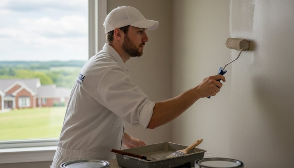 Professional painter using a roller to apply paint on a wall in a bright, airy room with a view of a green landscape, emphasizing quality home improvement and cabinet refinishing.