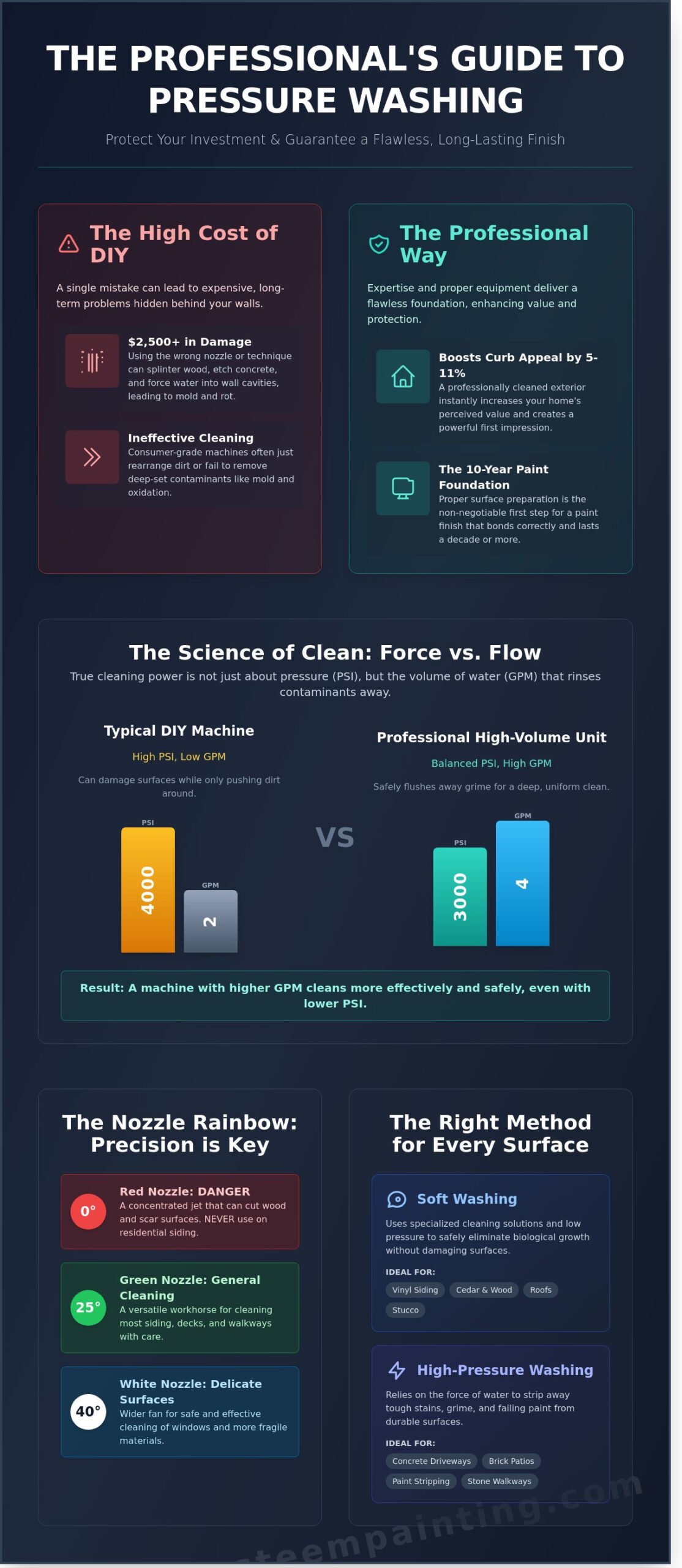 Infographic comparing soft washing and high-pressure washing techniques, highlighting the benefits of professional pressure washing for maintaining and enhancing home exteriors.
