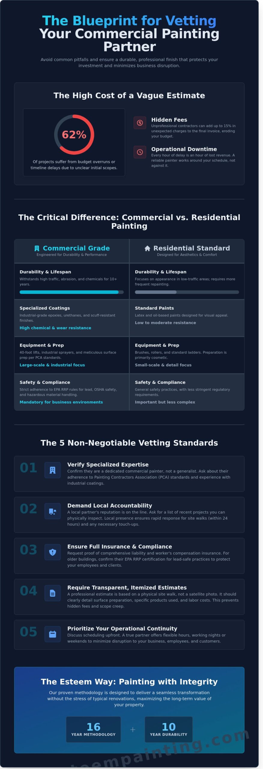 Infographic illustrating the vetting process for commercial painting contractors, emphasizing key standards like specialized expertise, insurance compliance, and operational continuity, relevant to Esteem Painting's professional services.