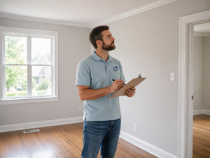 interior painting final walkthrough in York PA showing professional inspecting finished room for quality and clean results