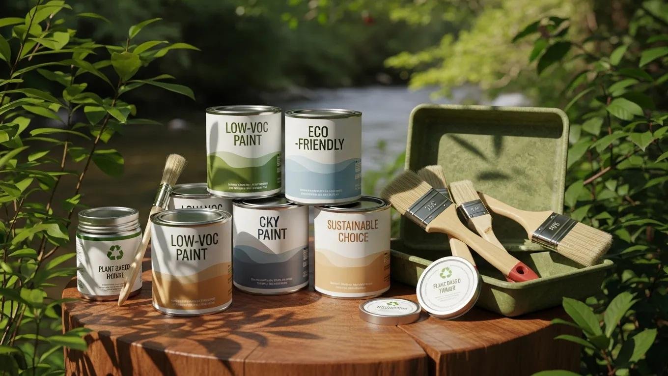 Eco-friendly painting products including low-VOC paint cans in a natural setting, promoting sustainable painting options