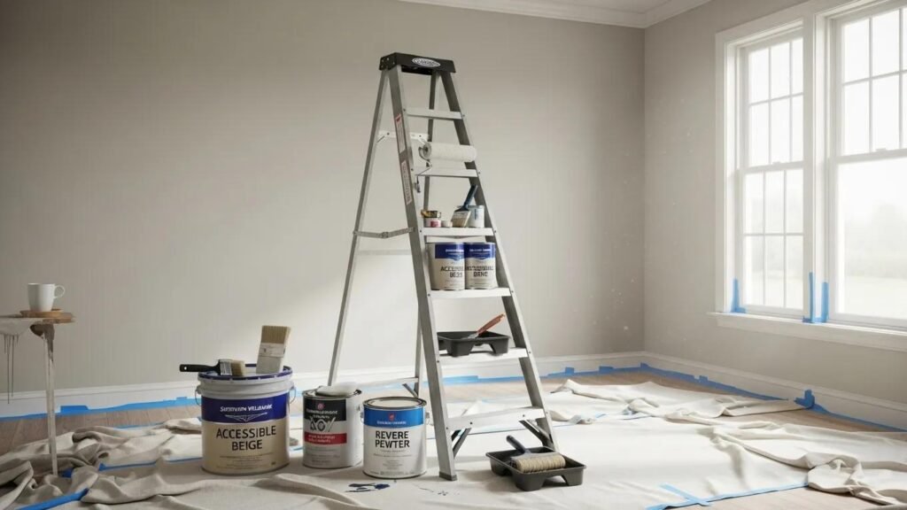 Freshly painted living room with neutral colors and painter's tools