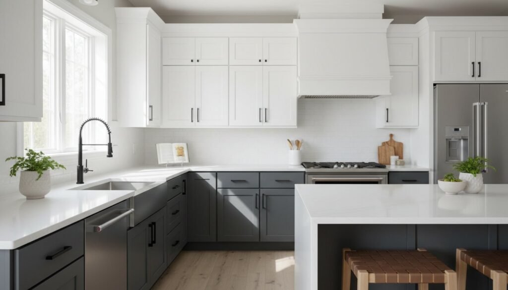 Modern kitchen featuring white and gray cabinetry, stainless steel appliances, quartz countertops, and natural light from large windows, illustrating cabinet refinishing and interior design concepts.