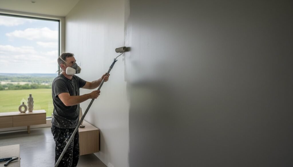 Professional painter using a roller to apply paint on a wall in a modern interior space, emphasizing drywall repair and seamless finishes for interior painting projects.