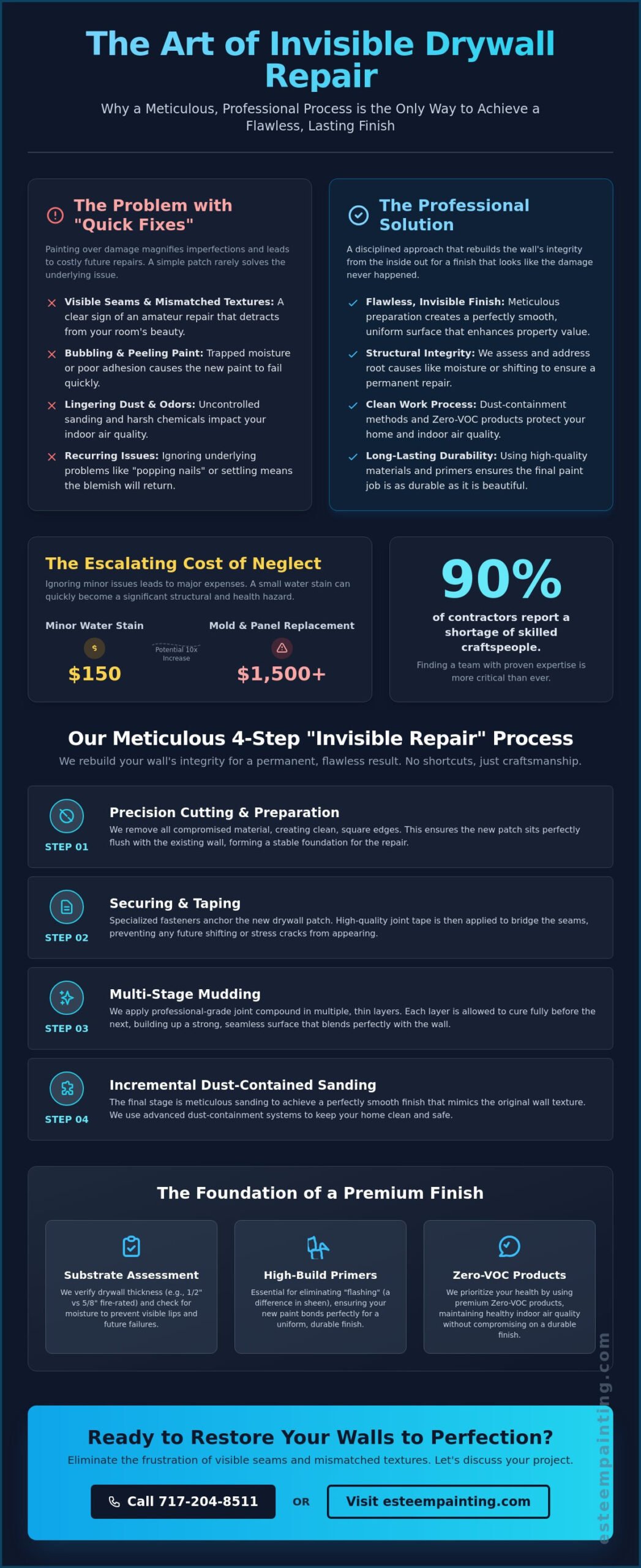 Infographic detailing the meticulous process of invisible drywall repair, highlighting steps like precision cutting, securing, multi-stage mudding, and dust-contained sanding, emphasizing seamless finishes and professional craftsmanship by Esteem Painting.