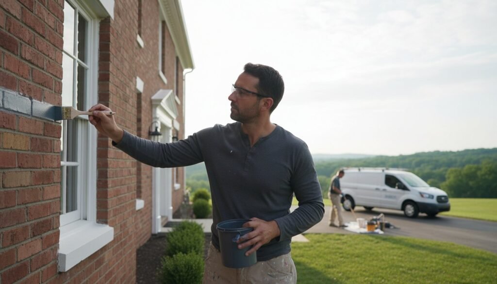 Professional painter applying blue paint to a brick exterior wall, showcasing quality home improvement techniques, with a service van in the background.