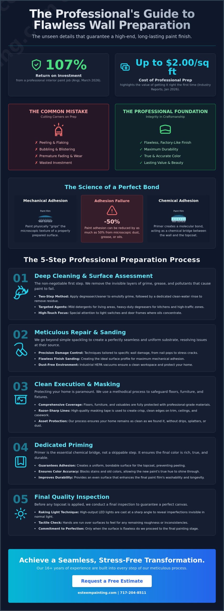 Infographic titled "The Professional's Guide to Flawless Wall Preparation," detailing a five-step process for effective wall preparation, emphasizing deep cleaning, meticulous repair, clean execution, dedicated priming, and final quality inspection for optimal painting results.