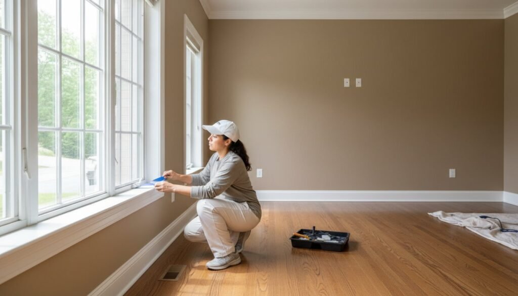 Woman painting window trim in a freshly painted living room, showcasing professional interior painting techniques for homeowners.
