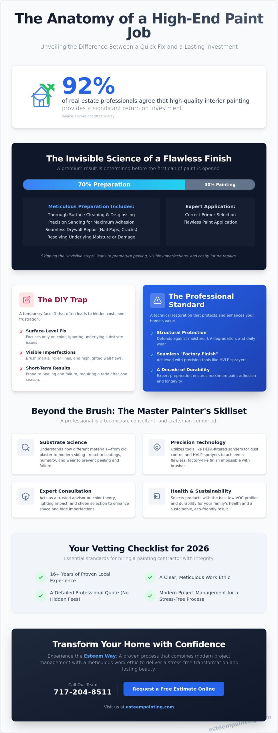 Infographic illustrating the anatomy of a high-end paint job, emphasizing meticulous preparation, expert application, and the benefits of professional techniques over DIY methods for home transformation.