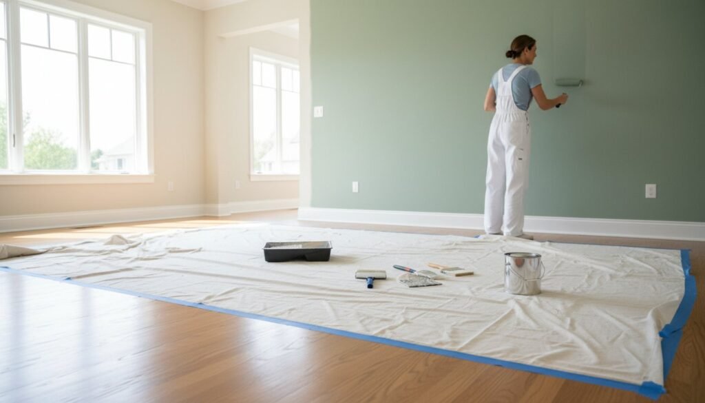 Woman painting a green wall in a bright room, with a drop cloth and painting supplies on the floor, illustrating interior painting techniques for homeowners.