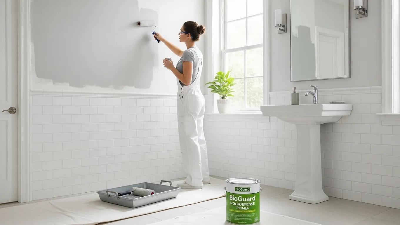Applying mold-resistant primer in a bathroom to prevent mold growth