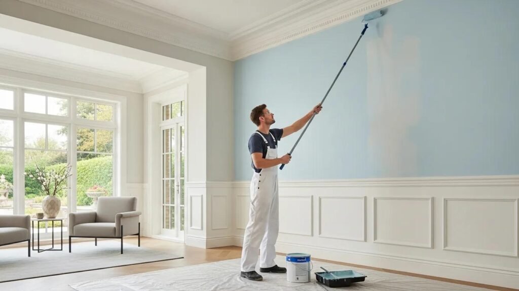 Professional painter applying fresh paint in a beautifully designed interior room