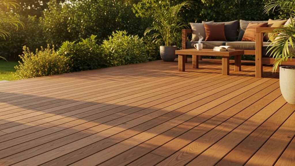 Beautifully stained wooden deck in a lush outdoor setting, showcasing the importance of exterior wood finishes