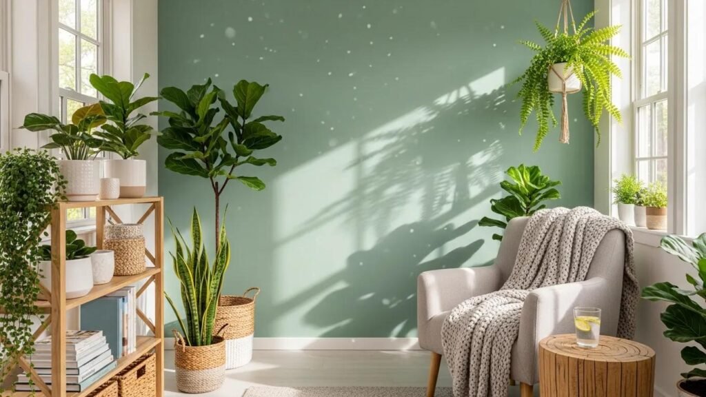Bright interior with freshly painted wall in natural color, highlighting sustainable painting practices