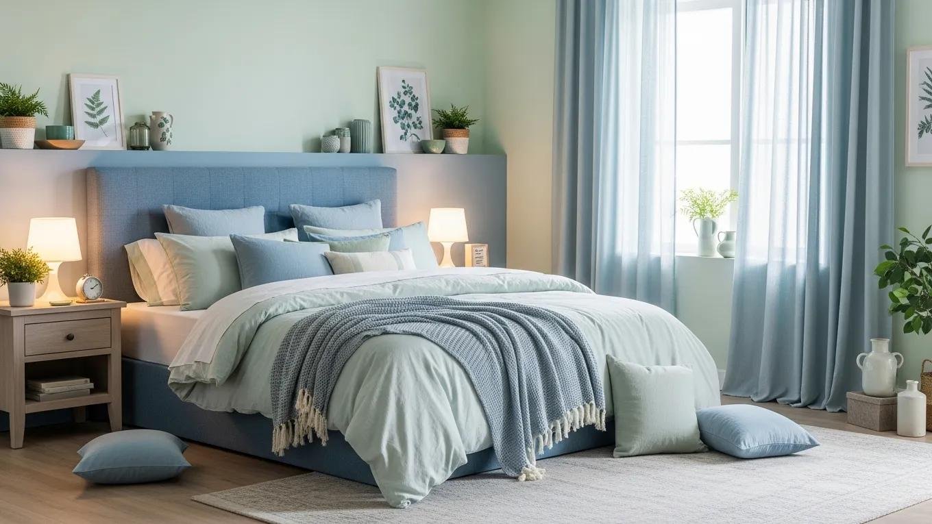 Calm bedroom with soft blues and gentle greens, emphasizing comfort and style in color choices
