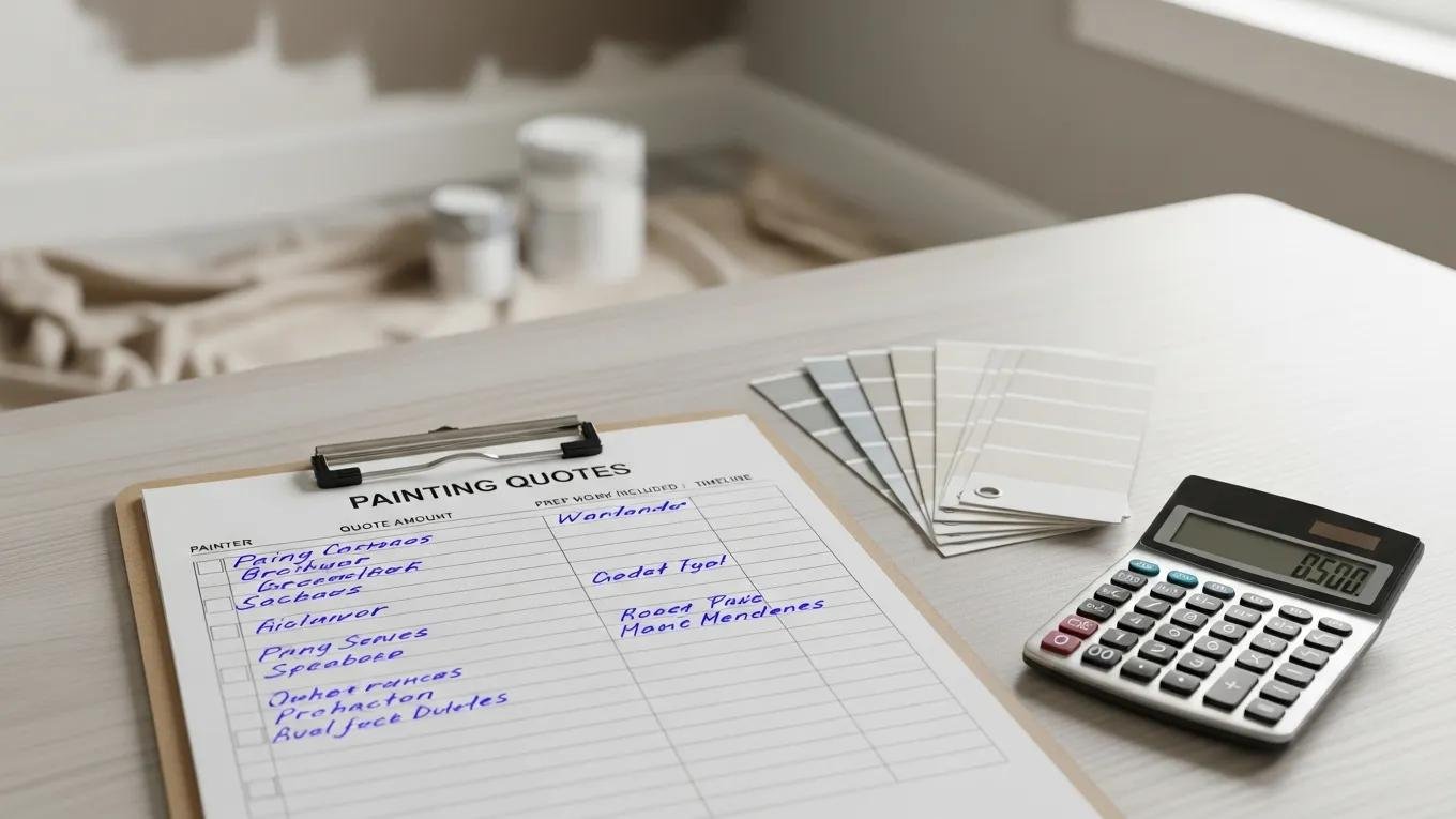 Checklist for comparing painting quotes with paint samples and a calculator in a home renovation setting