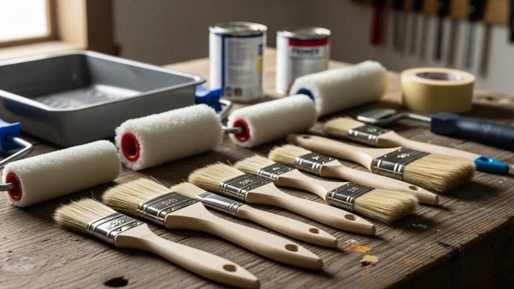 Clean painting tools including brushes and rollers ready for use