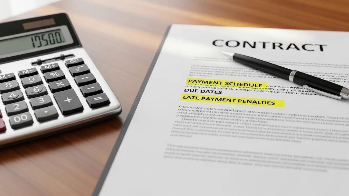 Close-up of a contract document with highlighted payment terms and a calculator