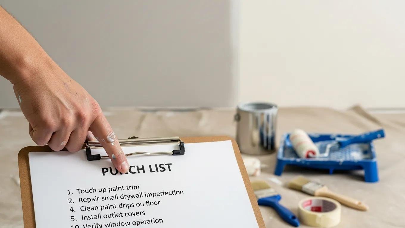 Close-up of a punch list for painting projects, highlighting key items for final inspection