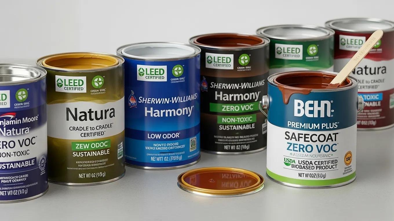 Close-up of eco-friendly paint cans showcasing certifications for non-toxic options