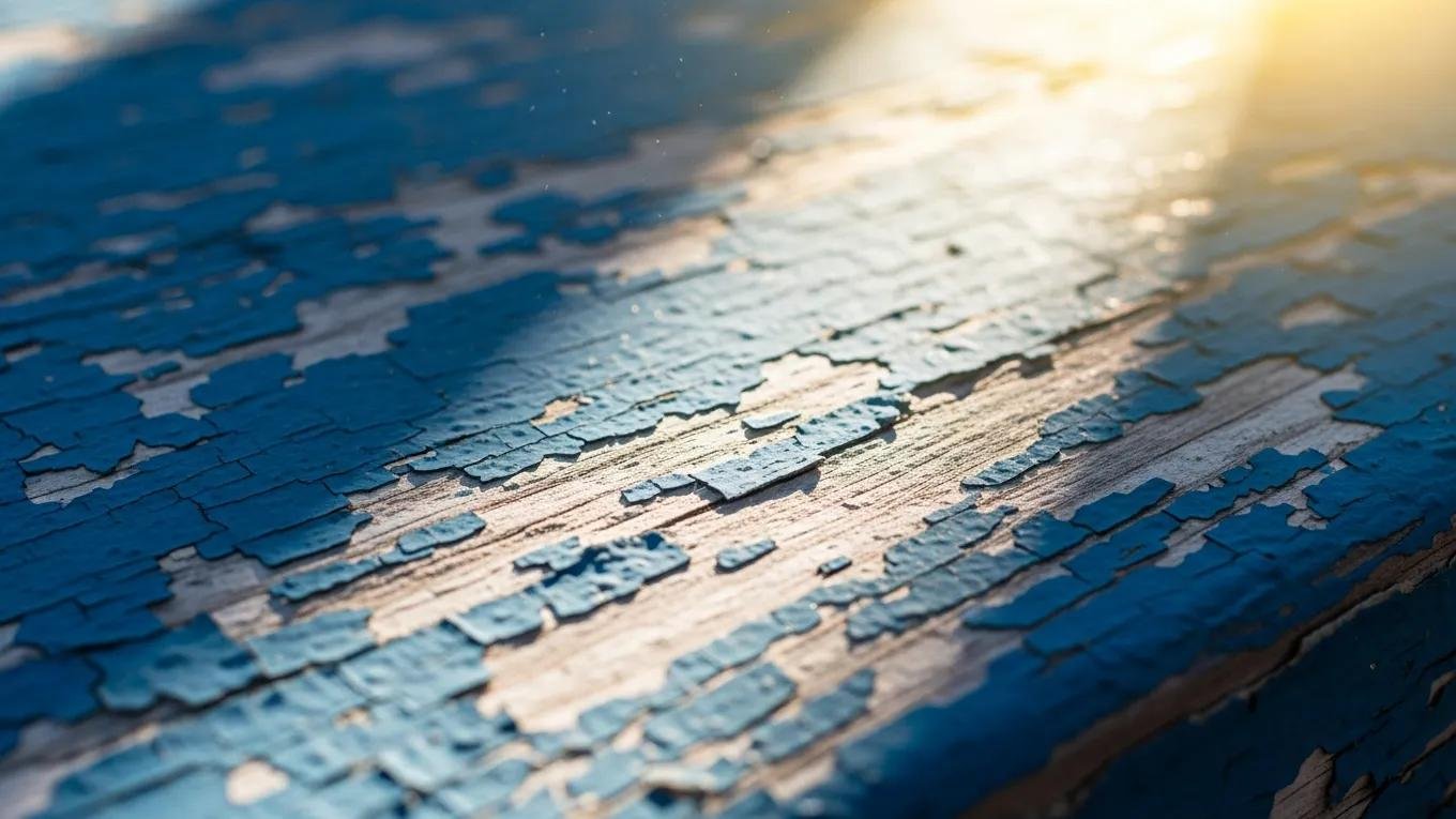 Close-up of paint showing UV damage with discoloration and fading