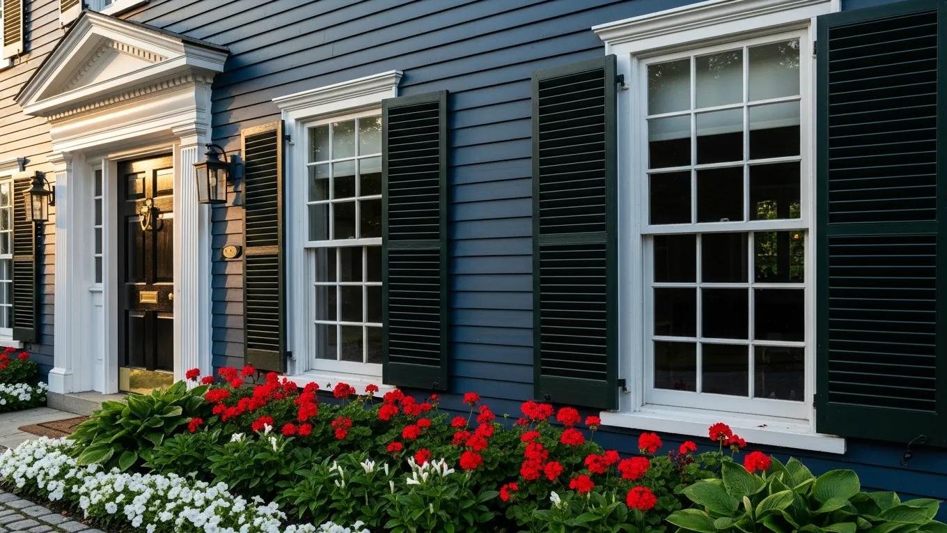 Colonial-style home in York PA with navy blue exterior and white trim showcasing architectural details