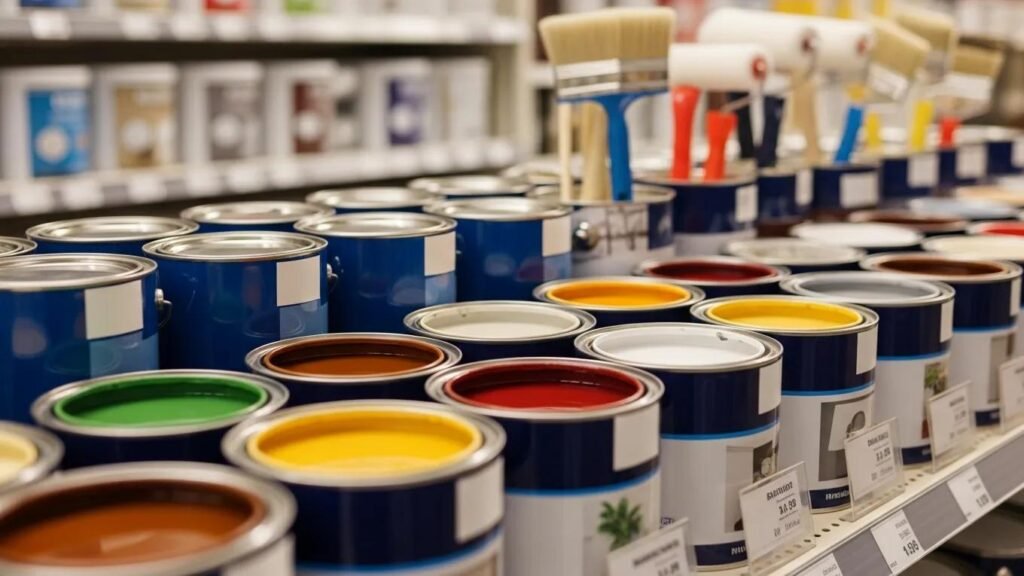 Colorful paint cans in a home improvement store, representing choices in paint cost and durability