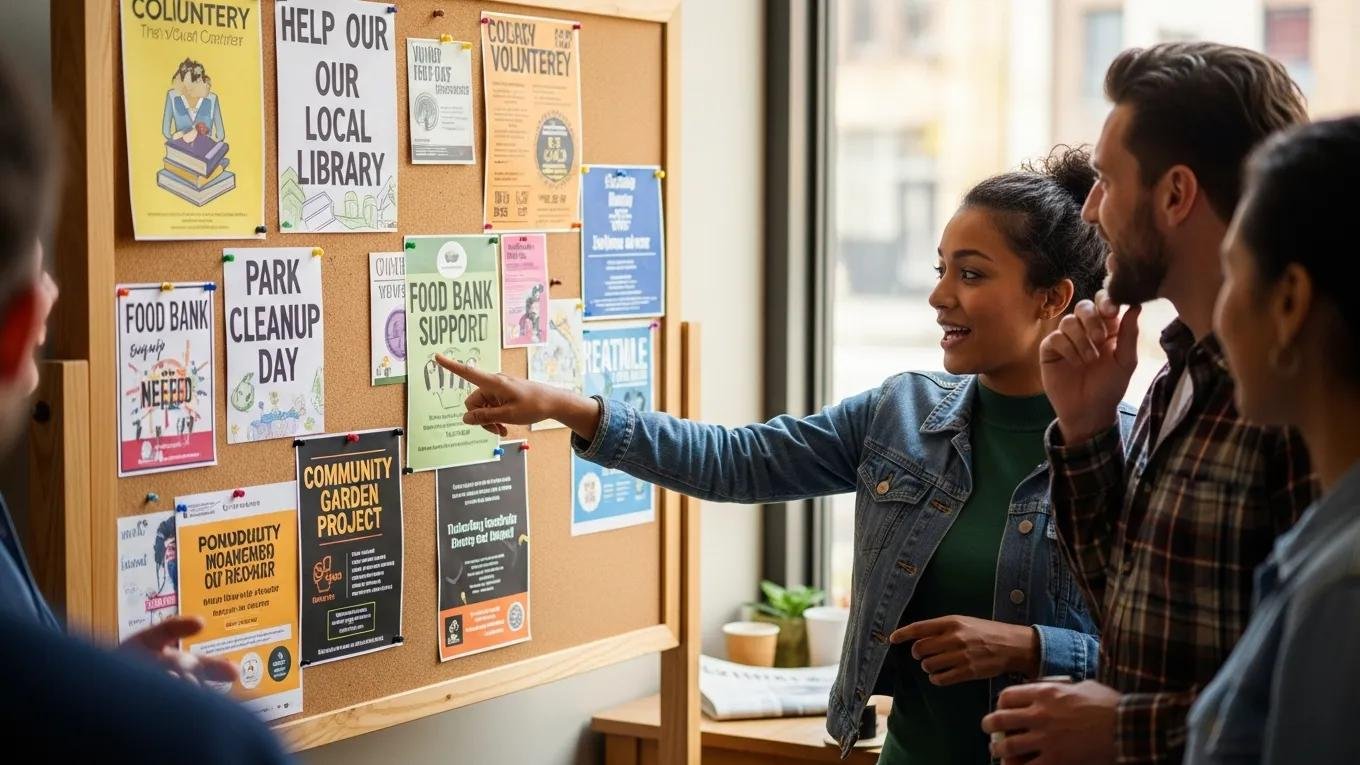 Community board with volunteer recruitment flyers, highlighting local engagement