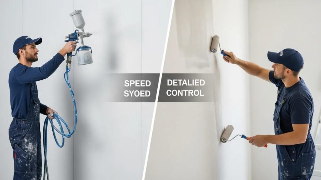 Comparison of airless paint sprayer and traditional brush painting techniques in a home improvement project