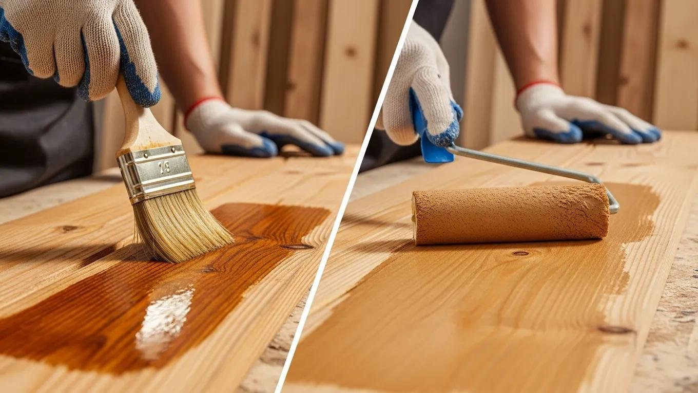 Comparison of oil-based and water-based wood stain applications on a wooden surface